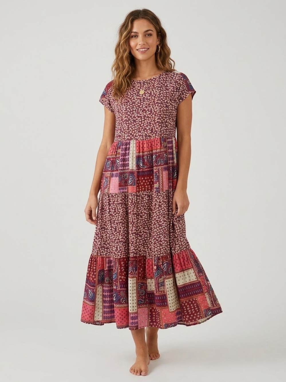 Easel Los Angeles Small Boho Patchwork Floral Tiered Midi Dress Rayon